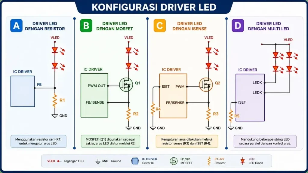 Diagram rangkaian cara menurunkan tegangan backlight TV LED semua tipe menggunakan resistor, MOSFET, dan IC driver