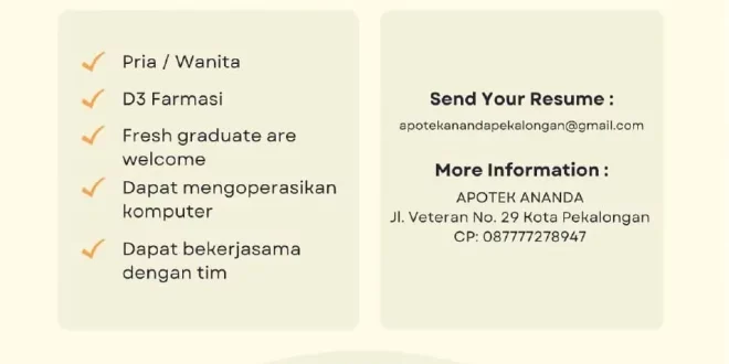 Lowongan Kerja Teknis Kefarmasian di Apotek Ananda Pekalongan