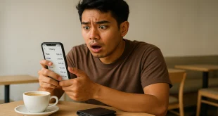 Pengguna Grab terlihat terkejut saat mengecek riwayat transaksi pengeluaran di aplikasi melalui ponsel di sebuah kafe.