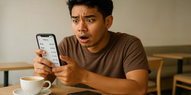 Pengguna Grab terlihat terkejut saat mengecek riwayat transaksi pengeluaran di aplikasi melalui ponsel di sebuah kafe.