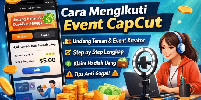 Ilustrasi cara mengikuti event CapCut di aplikasi mulai dari undang teman, submit video, hingga klaim hadiah