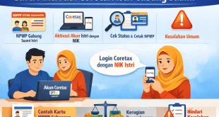 Ilustrasi cara aktivasi Coretax istri gabung suami, mulai dari menonaktifkan NPWP istri, memasukkan istri ke FTU suami, aktivasi akun menggunakan NIK, hingga cetak NPWP digital di Coretax DJP