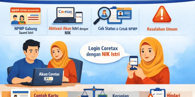 Ilustrasi cara aktivasi Coretax istri gabung suami, mulai dari menonaktifkan NPWP istri, memasukkan istri ke FTU suami, aktivasi akun menggunakan NIK, hingga cetak NPWP digital di Coretax DJP