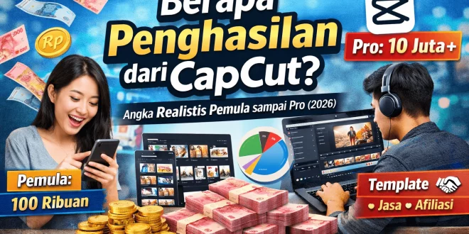Ilustrasi penghasilan dari CapCut mulai ratusan ribu hingga jutaan rupiah, menampilkan pemula dan editor profesional menggunakan CapCut di tahun 2026