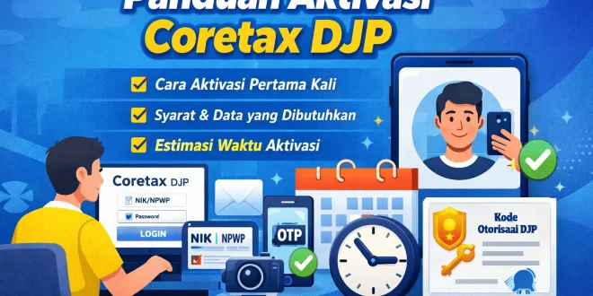 Ilustrasi panduan aktivasi Coretax DJP pertama kali menggunakan NIK, verifikasi selfie, dan kode otorisasi pajak