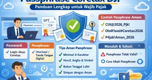 Ilustrasi passphrase Coretax DJP beserta perbedaan password dan passphrase, contoh passphrase aman, serta tips mengatasi passphrase Coretax tidak valid