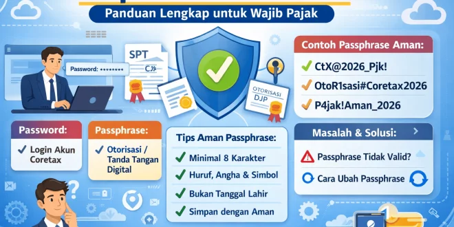 Ilustrasi passphrase Coretax DJP beserta perbedaan password dan passphrase, contoh passphrase aman, serta tips mengatasi passphrase Coretax tidak valid