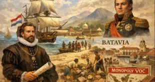 Ilustrasi kedatangan bangsa Belanda di Indonesia tahun 1596 di Banten, menampilkan Cornelis de Houtman, kapal Belanda, Batavia, dan aktivitas kolonial VOC