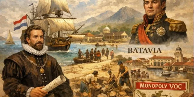 Ilustrasi kedatangan bangsa Belanda di Indonesia tahun 1596 di Banten, menampilkan Cornelis de Houtman, kapal Belanda, Batavia, dan aktivitas kolonial VOC