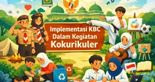 Ilustrasi siswa madrasah mengikuti pramuka, seni, olahraga, dan pembelajaran berbasis Kurikulum Berbasis Cinta dalam kegiatan kokurikuler
