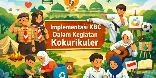 Ilustrasi siswa madrasah mengikuti pramuka, seni, olahraga, dan pembelajaran berbasis Kurikulum Berbasis Cinta dalam kegiatan kokurikuler