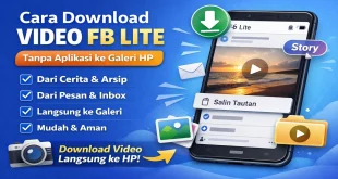 Ilustrasi cara download video FB Lite tanpa aplikasi langsung ke galeri HP dari cerita, arsip, pesan, dan inbox
