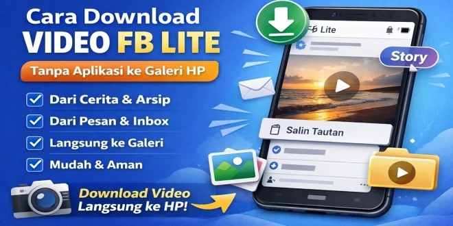 Ilustrasi cara download video FB Lite tanpa aplikasi langsung ke galeri HP dari cerita, arsip, pesan, dan inbox
