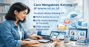 Ilustrasi mahasiswa mengakses katalog UT pada laman www.ut.ac.id melalui laptop dan perpustakaan digital Universitas Terbuka