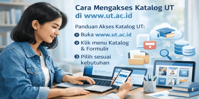 Ilustrasi mahasiswa mengakses katalog UT pada laman www.ut.ac.id melalui laptop dan perpustakaan digital Universitas Terbuka