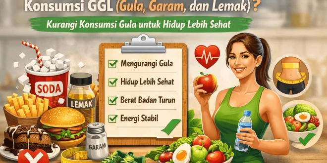 Ilustrasi cara mengendalikan konsumsi GGL dengan mengurangi gula, memilih makanan sehat, dan menjalani pola hidup seimbang