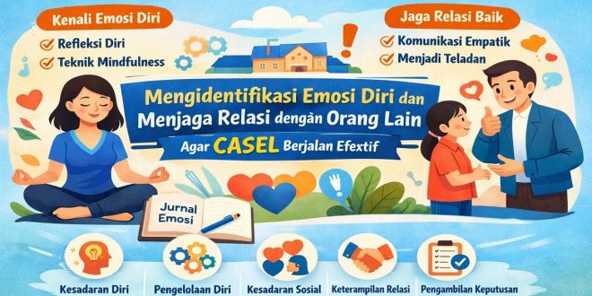 Ilustrasi guru dan siswa yang menunjukkan cara mengidentifikasi emosi diri dan menjaga relasi dengan orang lain sebagai bagian dari penerapan CASEL