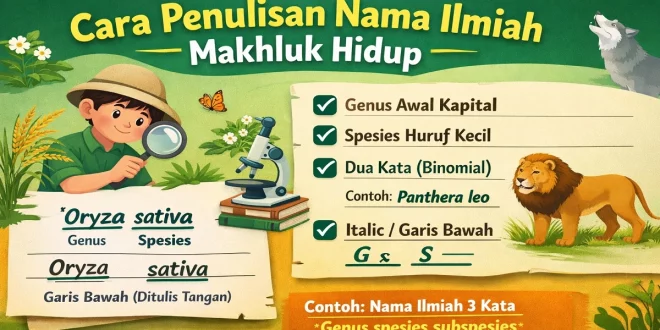 Infografis cara penulisan nama ilmiah makhluk hidup sesuai kaidah binomial nomenklatur, contoh Oryza sativa, penulisan italic dan garis bawah