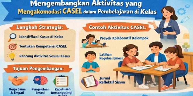 Ilustrasi guru dan siswa dalam aktivitas pembelajaran kolaboratif berbasis CASEL untuk mengembangkan keterampilan sosial dan emosional di kelas