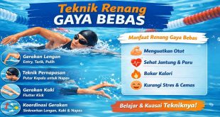 Ilustrasi teknik gerakan lengan renang gaya bebas lengkap dengan teknik pernapasan, gerakan kaki, dan koordinasi tubuh di kolam renang