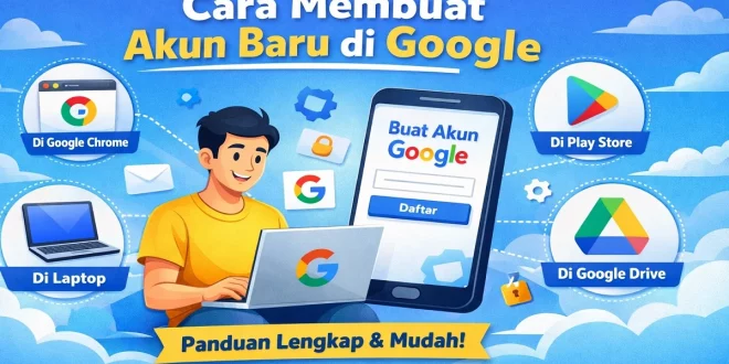 Ilustrasi cara membuat akun baru di Google melalui Chrome, Play Store, Google Drive, laptop, dan Android dengan panduan langkah mudah.