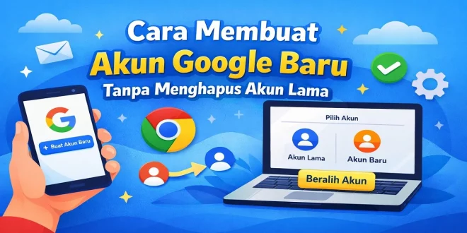 Ilustrasi panduan cara membuat akun Google baru tanpa menghapus akun lama di HP dan laptop, termasuk beralih akun dan menambah akun Chrome.