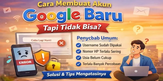 Ilustrasi penyebab dan solusi cara membuat akun Google baru tapi tidak bisa seperti username dipakai dan nomor HP terlalu sering digunakan