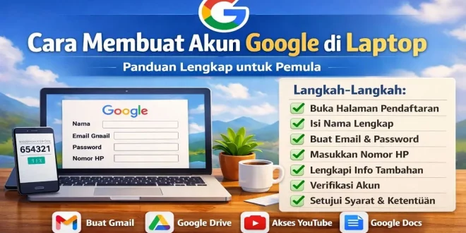 Ilustrasi cara membuat akun Google di laptop dengan langkah-langkah pendaftaran Gmail dan verifikasi akun Google