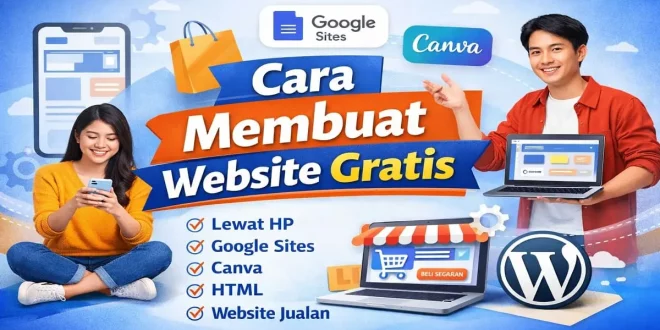 Ilustrasi cara membuat website gratis lewat HP menggunakan Google Sites, Canva, HTML, WordPress, dan website untuk jualan online