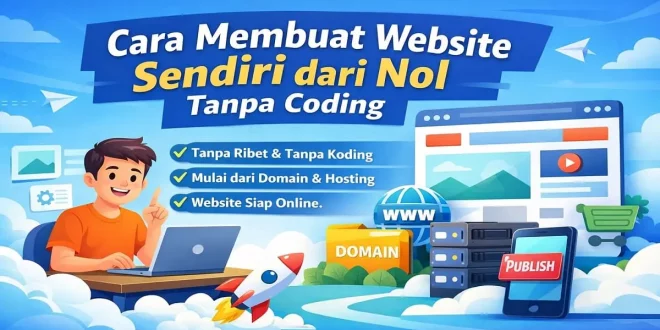 Ilustrasi cara membuat website sendiri dari nol tanpa coding menggunakan domain, hosting, dan WordPress untuk pemula