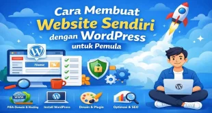 Ilustrasi cara membuat website sendiri dengan WordPress untuk pemula mulai dari domain, hosting, install WordPress hingga optimasi SEO