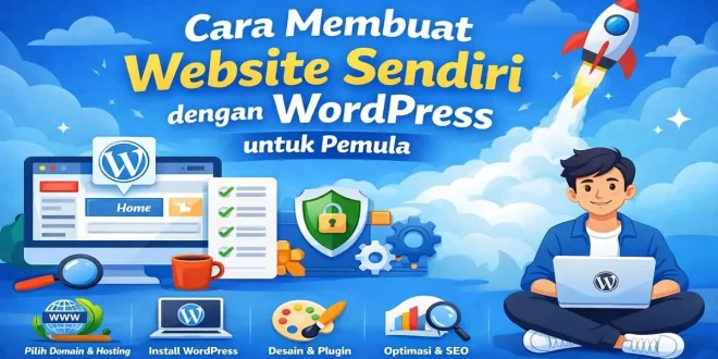 Ilustrasi cara membuat website sendiri dengan WordPress untuk pemula mulai dari domain, hosting, install WordPress hingga optimasi SEO