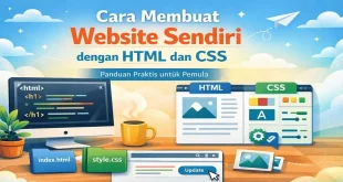 Ilustrasi cara membuat website sendiri dengan HTML dan CSS untuk pemula lengkap dengan contoh tampilan kode dan desain halaman web