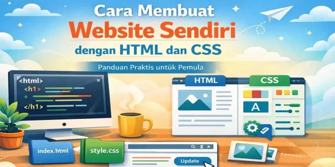 Ilustrasi cara membuat website sendiri dengan HTML dan CSS untuk pemula lengkap dengan contoh tampilan kode dan desain halaman web
