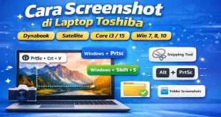 Ilustrasi cara screenshot di laptop Toshiba menggunakan PrtSc, Windows Shift S, dan Snipping Tool pada Dynabook dan Satellite