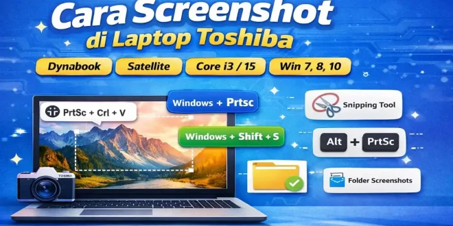 Ilustrasi cara screenshot di laptop Toshiba menggunakan PrtSc, Windows Shift S, dan Snipping Tool pada Dynabook dan Satellite