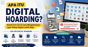 Ilustrasi digital hoarding dengan penyimpanan penuh, file menumpuk, serta tips cara mengatasi agar lebih rapi
