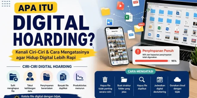Ilustrasi digital hoarding dengan penyimpanan penuh, file menumpuk, serta tips cara mengatasi agar lebih rapi
