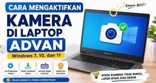 Ilustrasi cara mengaktifkan kamera di laptop Advan Windows 7, 10, dan 11 dengan langkah pengaturan, update driver, dan tombol keyboard