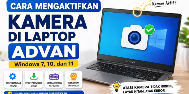 Ilustrasi cara mengaktifkan kamera di laptop Advan Windows 7, 10, dan 11 dengan langkah pengaturan, update driver, dan tombol keyboard