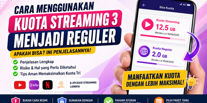 Ilustrasi cara menggunakan kuota streaming 3 menjadi reguler beserta penjelasan dan tips aman kuota Tri