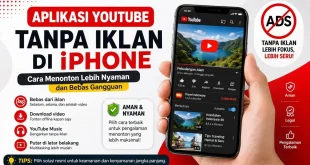 Ilustrasi aplikasi YouTube tanpa iklan di iPhone dengan tampilan YouTube dan ikon blokir iklan untuk pengalaman menonton lebih nyaman.