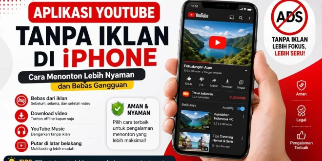 Ilustrasi aplikasi YouTube tanpa iklan di iPhone dengan tampilan YouTube dan ikon blokir iklan untuk pengalaman menonton lebih nyaman.