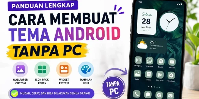 Ilustrasi cara membuat tema Android tanpa PC menggunakan wallpaper custom, icon pack, dan widget estetik