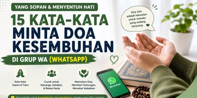 Ilustrasi seseorang memanjatkan doa sambil memegang ponsel WhatsApp dengan teks 15 Kata-Kata Minta Doa Kesembuhan di Grup WA (WhatsApp).