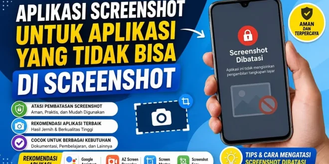 Ilustrasi aplikasi screenshot untuk aplikasi yang tidak bisa di screenshot beserta rekomendasi aplikasi terbaik dan cara mengatasi screenshot dibatasi.