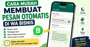 Ilustrasi cara membuat pesan otomatis di WA Bisnis menggunakan fitur Pesan Salam dan Pesan di Luar Jam Kerja di Android dan iPhone.