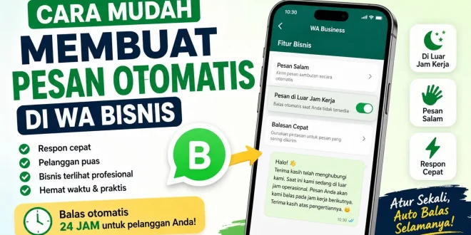 Ilustrasi cara membuat pesan otomatis di WA Bisnis menggunakan fitur Pesan Salam dan Pesan di Luar Jam Kerja di Android dan iPhone.