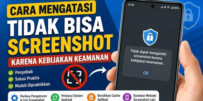 Ilustrasi cara mengatasi tidak bisa screenshot karena kebijakan keamanan pada HP Android beserta penyebab dan solusinya.