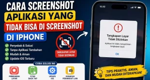 Ilustrasi cara screenshot aplikasi yang tidak bisa di screenshot di iPhone menggunakan fitur screen recording, Back Tap, dan pengaturan iOS.